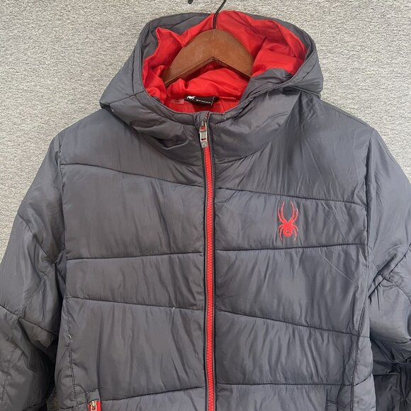 Spyder Boys Dark Gray Red Puffer Full Zip Jacket Hoodie Pockets Size L (14-16) - Picture 3 of 16